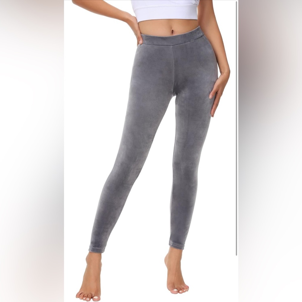 Dolcevida Women’s Grey Velvet Velour High Waist Stretch Yoga Leggings Small